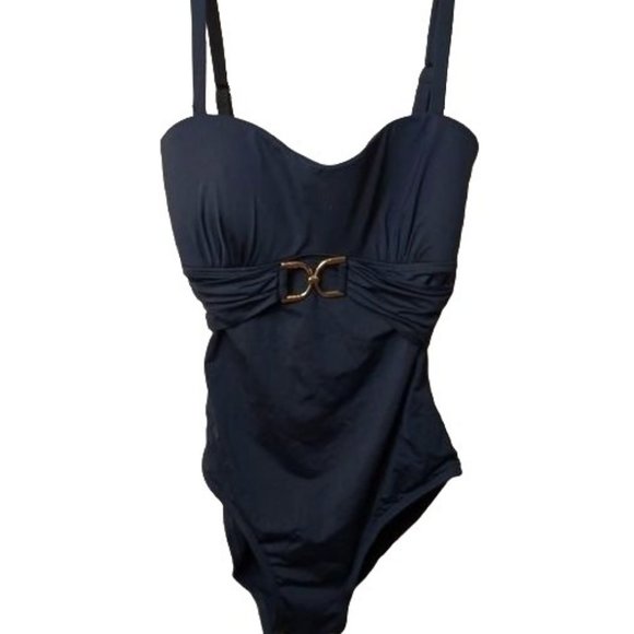 Anne Cole Empire Waist Horse Bit Buckle Black One Piece Swimsuit  8 - Picture 1 of 8